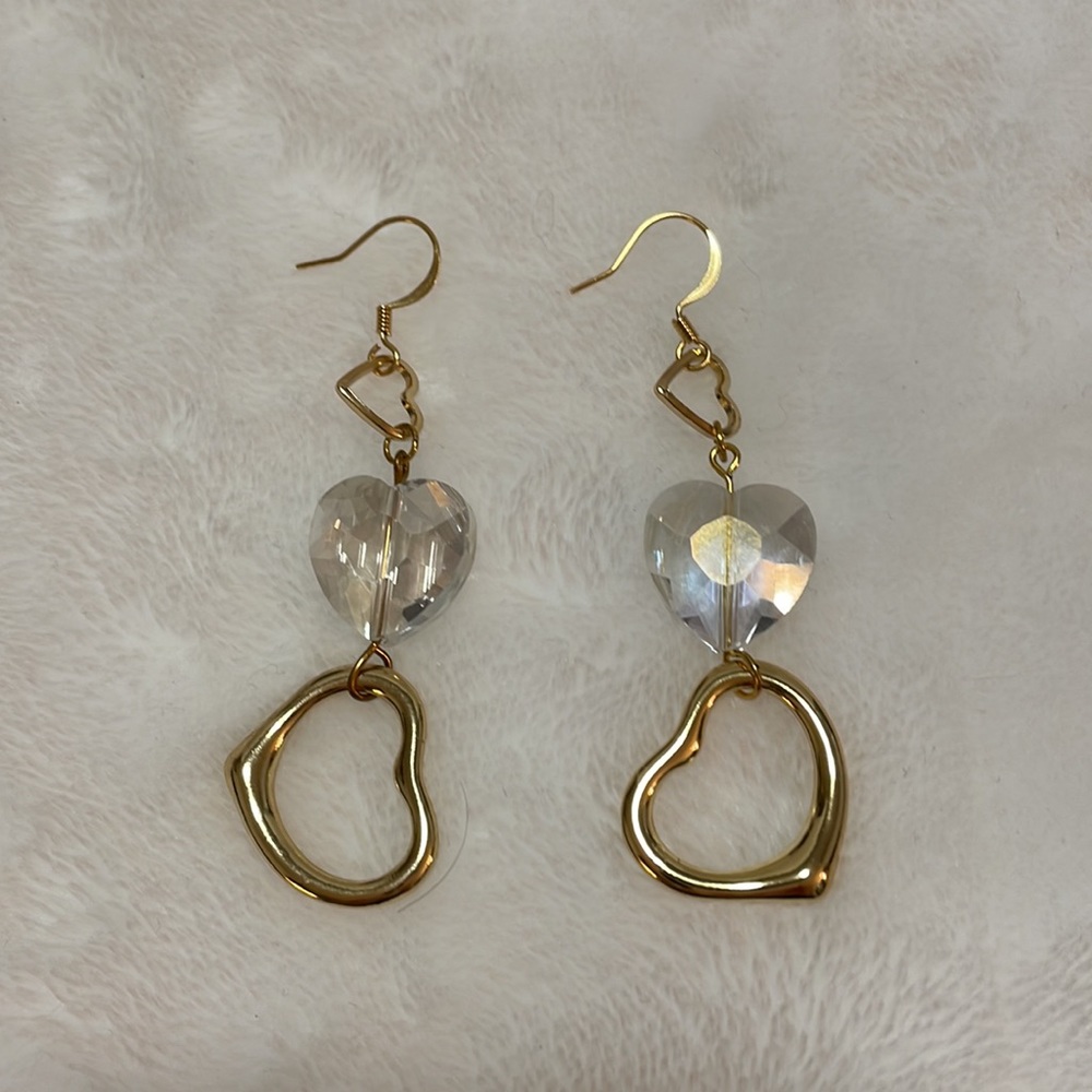 Gold and Crystal Heart Dangle Earrings 22K GP Ear Wires - Picture 3 of 6